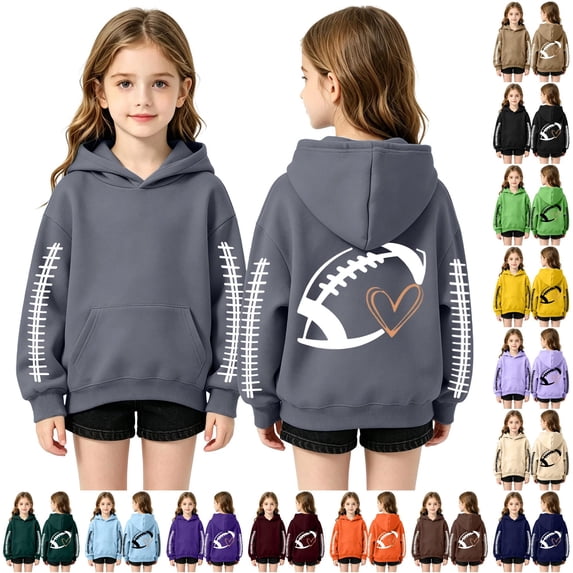 RMGVDSD Girls Hoodies Football Heart Graphic Print Pullover Long Sleeve Hooded Sweatshirt with Kangaroo Pocket Kids Casual Tops Comfort Kids Sweatshirt 14-15 Years