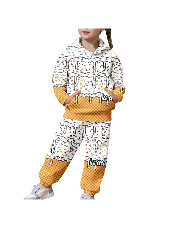 Girls Ice Cream Clothes 2 Piece Outfits Printed Hoodie Pullover And Sweatpants Cute Preppy Sweatsuit Tracksuit Jogger Sets Little Girl Clothes