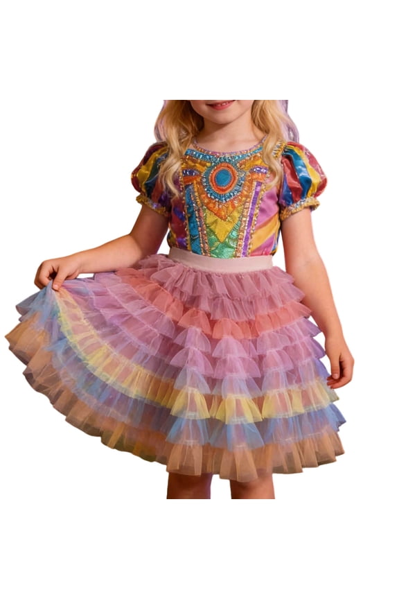 Girls Layered Tutu Skirt Color Patchwork Tiered Tulle Party Skirt Carnival Kids Elastic Waist Tulle Ballet Dance Skirts Temperament Dress