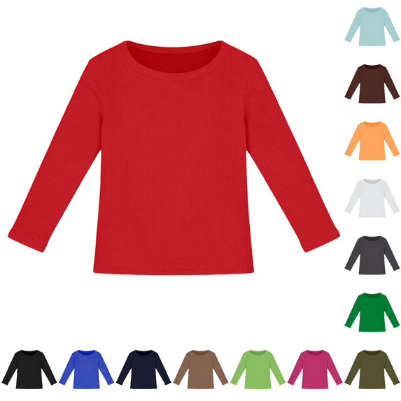 RMGVDSD Girls Long Sleeve Ribbed Shirts Slim Fit Crewneck Tee Shirts Solid Color Basic Tops Soft Tshirts Casual Kids T Shirts 13-14 Years