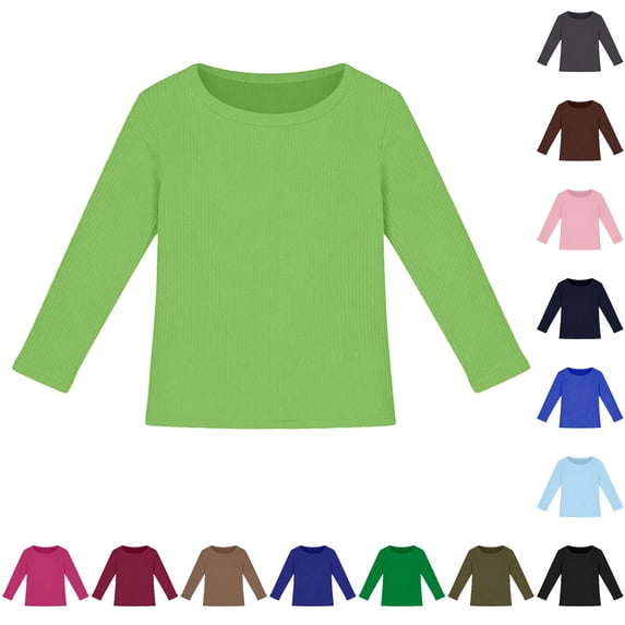 RMGVDSD Girls Long Sleeve Ribbed Shirts Slim Fit Crewneck Tee Shirts Solid Color Basic Tops Soft Tshirts Casual Kids T Shirts 8-9 Years