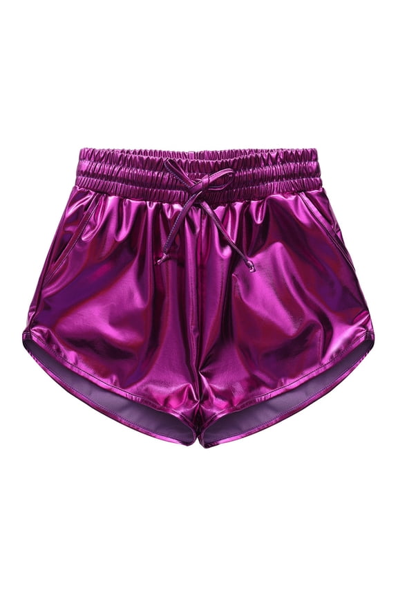 Girls Metallic Shorts Summer Shorts Sparkly Dance Outfits Kids Shiny Hot Pants Elastic Waistband Shorts With Pockets Casual Summer Bottoms For 7-8 Years