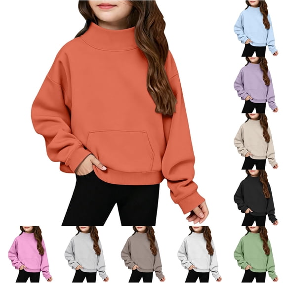 RMGVDSD Girls Neck Sweatshirt Oversized Cozy Pullover Tops High Neck Long Sleeve Casual Basic Sweatshirts Back To School Wear Fashion Clothes 5-6 Years