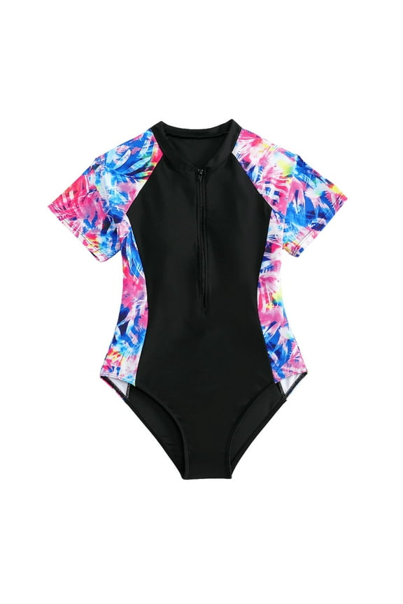 Girls One Piece Swimsuits Floral Print Rash Guard Swimwear With Front Zipper Quick Dry Bathing Suit For Swimming Training Fashion Swimsuits Beachwear