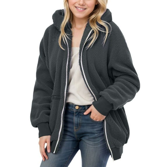 RMGVDSD Girls' Outerwear Jackets Soft Full Zip Fleece Jacket Kids Oversized Hoodies Casual Loose Long Sleeve Hooded Jacket Solid Color Winter Warm Coats Cute School Clothes 11-12 Years