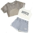 thumbnail image 1 of RMGVDSD Girls Outfits 3 Piece Set Cute Letter Print Sleeveless Cami Top Mesh Short Sleeve Tee Shirt And Shorts Set Kids Summer Casual Outfit 5-6 Years, 1 of 3