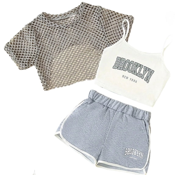 RMGVDSD Girls Outfits 3 Piece Set Letter Print Sleeveless Cami Tops Short Sleeve Mesh Tee Shirt And Shorts Tween Girl Fashion Summer Clothes Suit 5-6 Years