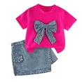 thumbnail image 1 of RMGVDSD Girls Outfits Set Girl Fashion Clothes Short Sleeve Bow T-Shirts With Pearl And Denim Skirt Shorts Two Piece Set Summer Casual Wear 2-3 Years, 1 of 5