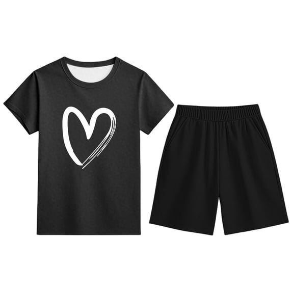 RMGVDSD Girls Outfits Set Heart Print Short Sleeve T Shirts Top And Shorts Set Kids Summer Clothes Casual Sportswear Suit Everyday Wear 10-11 Years