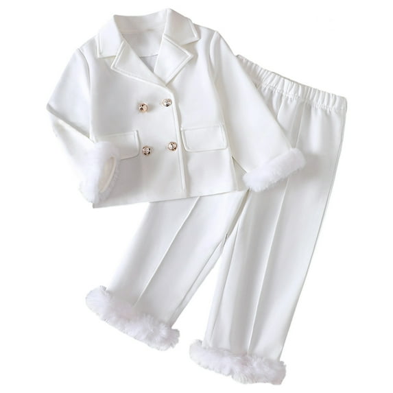 RMGVDSD Girls Outfits Sets Stylish Little Girls Formal Suits Lapel Collar Blazer Jacket With Long Pants Suit Set 2 Piece Fall Winter Clothes Wear White 2-3 Years