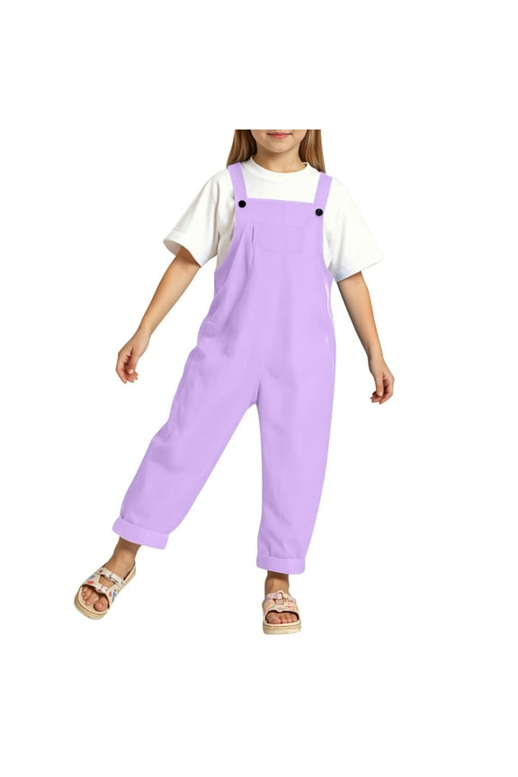 Girls Overalls Kids Casual Sleeveless Jumpsuits Harem Pants Rompers Solid Color Cute Children's Suspenders Trousers 6-7 Years