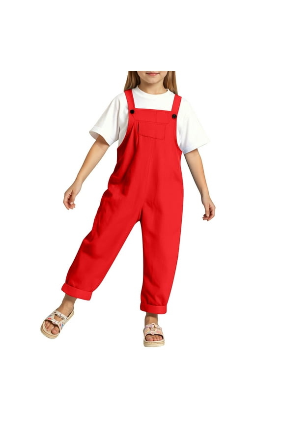 Girls Overalls Kids Casual Sleeveless Jumpsuits Harem Pants Rompers Solid Color Cute Children's Suspenders Trousers 9-10 Years