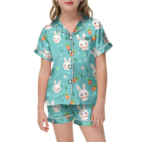 RMGVDSD Girls Pajamas 2 Piece Set Girls' Easter Day Printed Pajamas Short Sleeved Button Down Shirt Tops Shorts Sleepwear Set Soft Nightwear Set