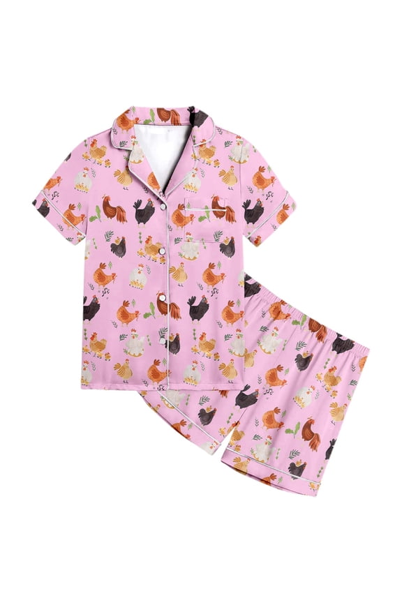 Girls Pajamas Set Thanksgiving Cute Chicken Pattern Pajamas Short Sleeve Button Down Shirt And Shorts Sleepwear Loungewear 2 Piece Sets 2-3 Years