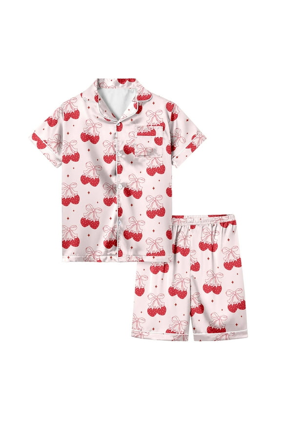 Girls Pajamas Set Girl's 2 Piece Bowknot Print Pajama Sets Sleepwear Short Sleeve Button Down Top Shorts Loungewear Set Summer Nightgown for 10-11 Years