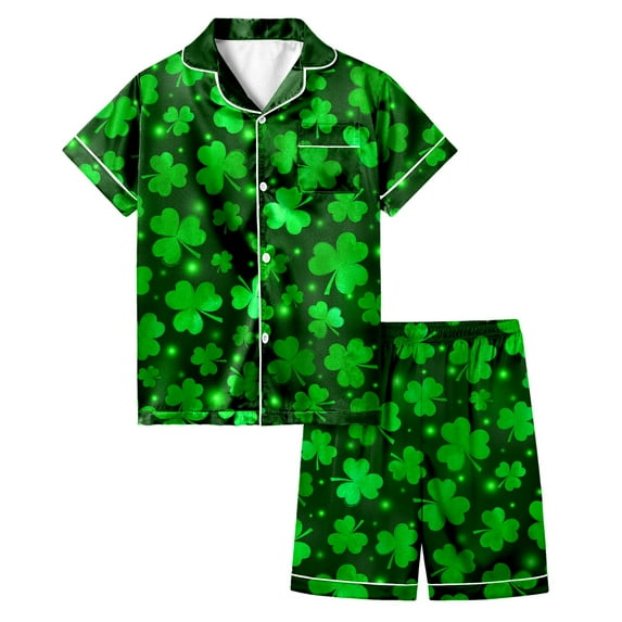 RMGVDSD Girls Pajamas Short Set Kids' Pajamas St. Patrick's Day Printed Short Sleeved Button Down Shirt Tops Shorts Sleepwear Set Satin Sleepwear Nightgown