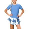 thumbnail image 1 of RMGVDSD Girls Rash Guard Swimsuits Two Piece Swimwear Short Sleeve Tops Tropical Floral Print Ruffle Skirt With Built In Shorts Bathing Suits 11-12 Years, 1 of 4