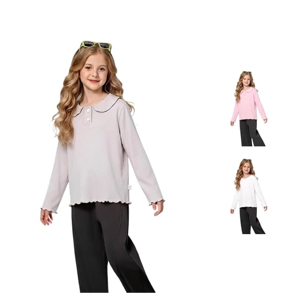 RMGVDSD Girls Ruffle Peter Pan Collar Polo Shirt Kids School Uniform Tops Long Sleeve Tshirts Soft Casual Blouse Daily Wear 8-9 Years