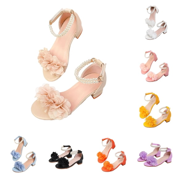 RMGVDSD Girls Sandals Low Heel Pearl Ankle Strap Open-Toe Sandals Flower Wedding Party Dress Shoes For Little/Big Kids