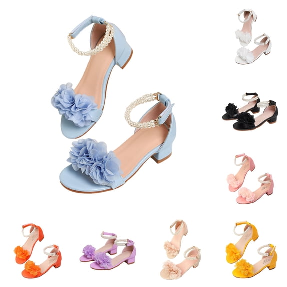 RMGVDSD Girls Sandals Low Heel Pearl Ankle Strap Open-Toe Sandals Flower Wedding Party Dress Shoes For Little/Big Kids