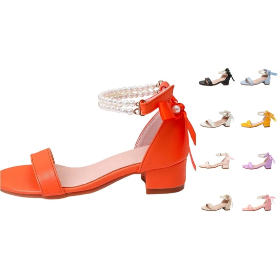 RMGVDSD Girls Sandals Summer Dress Shoes Low Heels Sandals Bow Pearl Ankle Strap Flower Girl Wedding Party Shoes