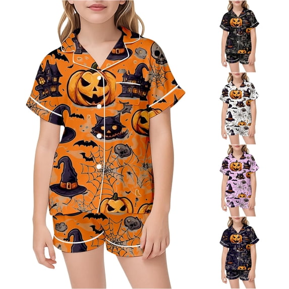 RMGVDSD Girls Satin Pajamas Halloween Pumpkin Pajama Set Button Down Sleepwear Short Sleeve Top and Shorts Kids Loungewear 2 Piece Sets 10-11 Years