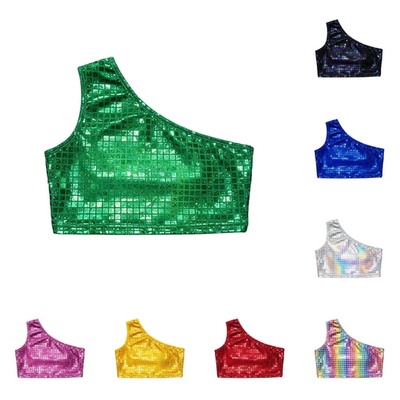 RMGVDSD Girls Sequin Crop Top Shimmering Square Pattern Stage Performance Tees Trendy Clothes Sleeveless Shirts 12-15 Years