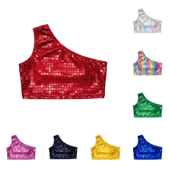 RMGVDSD Girls Sequin Crop Top Shimmering Square Pattern Stage Performance Tees Trendy Clothes Sleeveless Shirts 6-8 Years