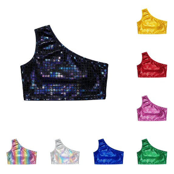 RMGVDSD Girls Sequin Crop Top Shimmering Square Pattern Stage Performance Tees Trendy Clothes Sleeveless Shirts 9-11 Years