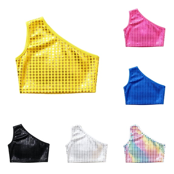 RMGVDSD Girls Sequin Crop Top Shiny Tees Sleeveless Tank Tops Stage Performance Dance Blouse Holiday Party Wear 9-11 Years