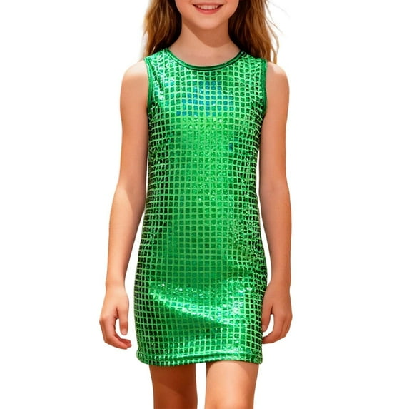 RMGVDSD Girls Sequin Dress Slim Fit Sleeveless Tank Dress Sequin Print Round Neck Casual Party Dress Summer Outfits Girls Dress Clothes