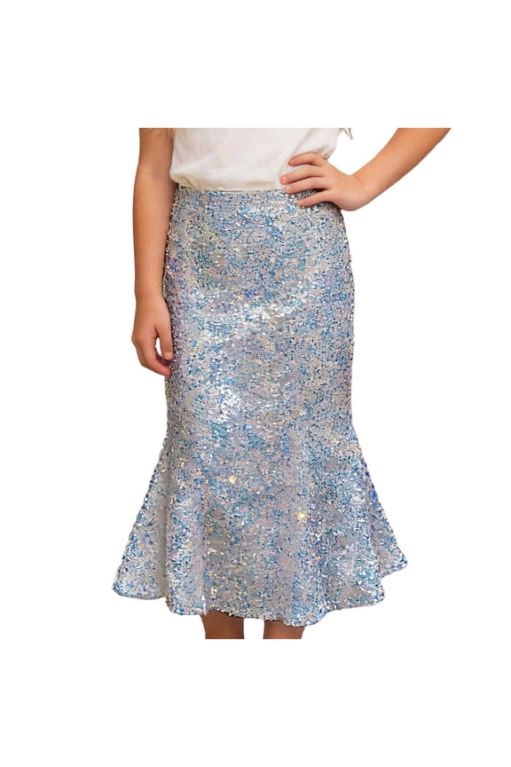 Girls Sequin Skirt Fashion Ruffled Hem Midi Skirt Shiny Glitter Pencil Formal Party Long Skirts Carnival Wear Elegant Outfit 8-9 Years