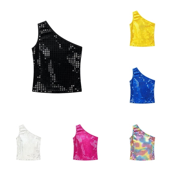 RMGVDSD Girls Sequin Tank Tops One-Shoulder Sleeveless Top Sparkly Glitter Stage Performance Shirts Holiday Party Wear 6-8 Years