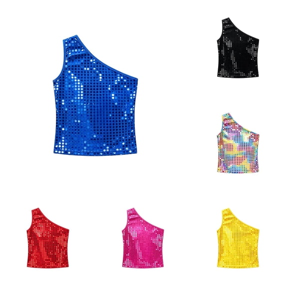 RMGVDSD Girls Sequin Tank Tops One-Shoulder Sleeveless Top Sparkly Glitter Stage Performance Shirts Holiday Party Wear 9-11 Years
