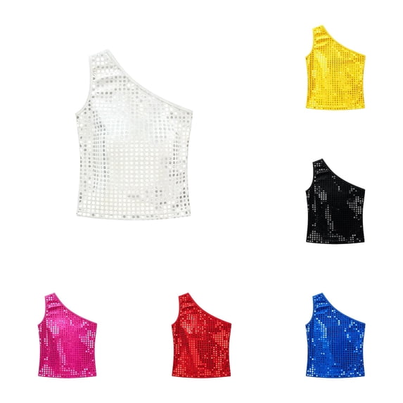 RMGVDSD Girls Sequin Tank Tops One-Shoulder Sleeveless Top Sparkly Glitter Stage Performance Shirts Holiday Party Wear 9-11 Years
