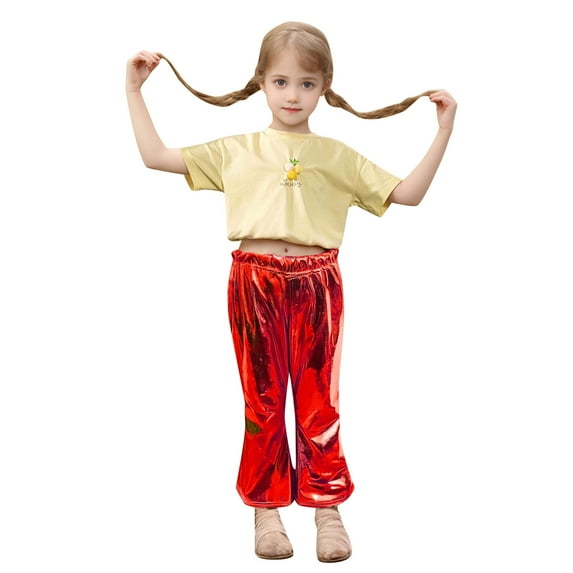 RMGVDSD Girls' Shiny Metallic Pants Children's Bright Flared Pants Party Dance Folk Dance Fishtail Pants Jeans Trendy Streetwear For 9-10 Years
