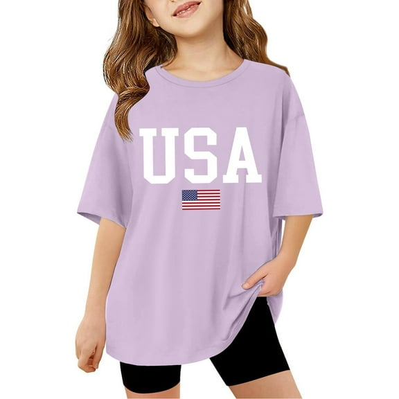 RMGVDSD Girls Short Sleeve Oversized T Shirts Kids Summer Tops Independence Day Letter Print Casual Crewneck Basic Tees Casual Cute Blouses For 7-8 Years