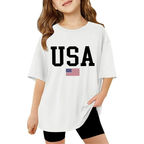 RMGVDSD Girls Short Sleeve Oversized T Shirts Kids Summer Tops Independence Day Letter Print Casual Crewneck Basic Tees Soft Tops Tees Blouses For 11-12 Years
