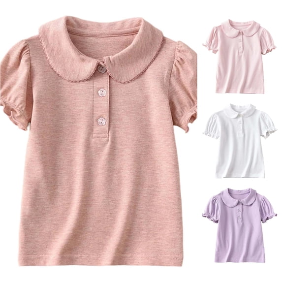 RMGVDSD Girls Short Sleeve Polo Shirts Ruffle Collared School Uniform Shirt Button Casual Tops Kids Summer Tees Comfortable Wear 6-7 Years