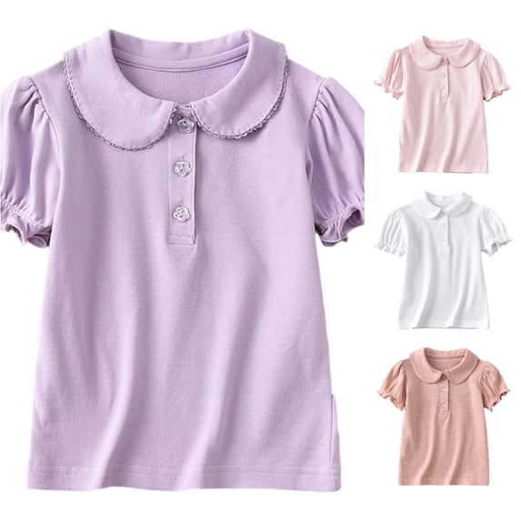 RMGVDSD Girls Short Sleeve Polo Shirts Ruffle Collared School Uniform Shirt Button Casual Tops Kids Summer Tees Comfortable Wear 7-8 Years