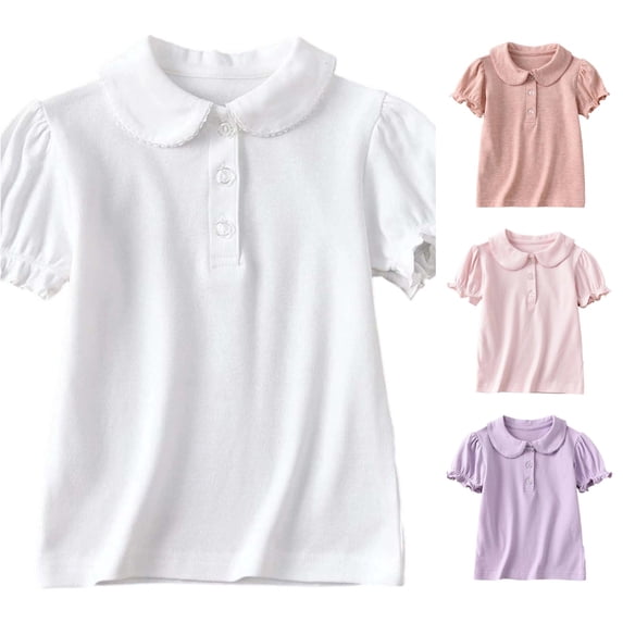 RMGVDSD Girls Short Sleeve Polo Shirts Ruffle Collared School Uniform Shirt Button Casual Tops Kids Summer Tees Comfortable Wear 7-8 Years