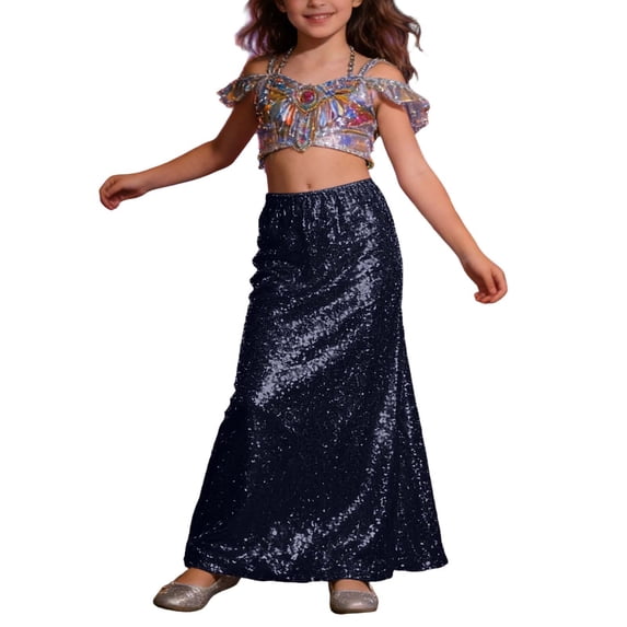 RMGVDSD Girls Skirt Elegant Glitter Sequins Party Long Skirts Elastic Waist Fashion Sparkly Casual A-Line Skirt For Kids Carnival Wear 4-5 Years
