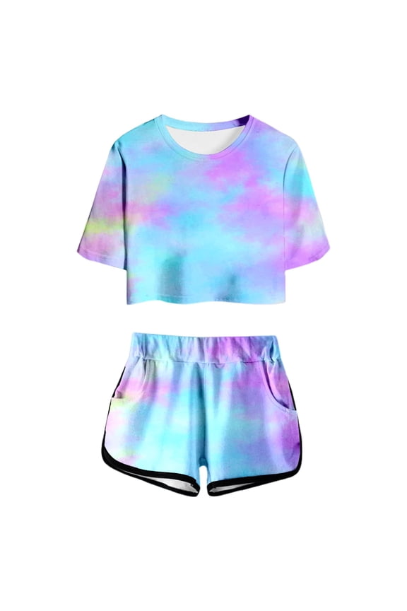 Girls Summer Clothes Tie-Dye Print T Shirts Round Neck Short Sleeve Top And Shorts Set Pocket Sports Casual Outfit For Kids Cute Girls Clothes