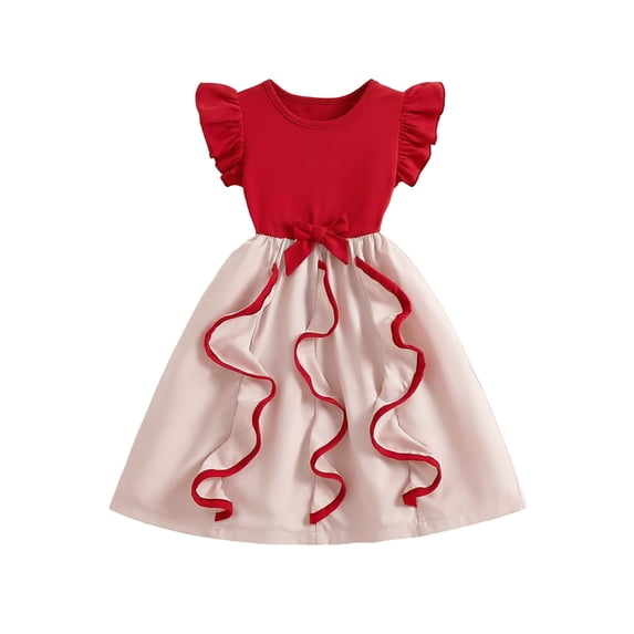 RMGVDSD Girls Summer Dresses Girls Party Dress With Bow Ruffle Sleeves Princess Birthday Dresses Kids Formal Sundress Gown Holiday Celebration 5-6 Years