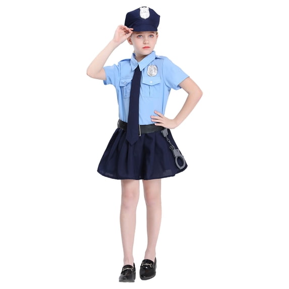 RMGVDSD Girls Summer Outfits Kids Police Officer Outfit Button Down Short Sleeve Shirt And Skirt Set For Girls Party Halloween Outfit Set 11-14 Years