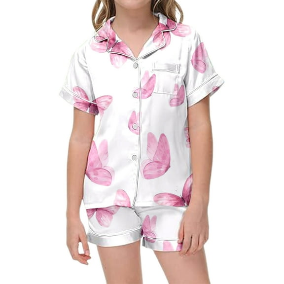 RMGVDSD Girls Summer Pajamas Set 2 Piece Outfits For Girls Flower Print Satin Pajamas Set Button Down Short Sleeve Shorts Sleepwear Sets Girls Cozy Nightwear for 2-3 Years