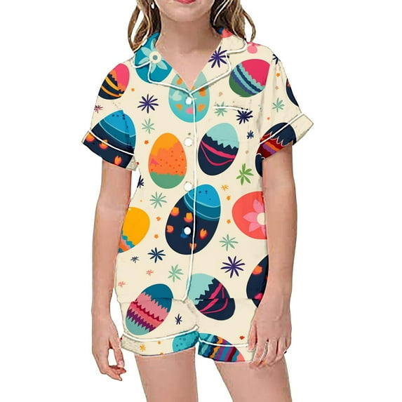 RMGVDSD Girls Summer Pajamas Short Set Children's Fashion Cute Easter Printed Button Down Lapel Short Sleeved Top Shorts Sleepwear Set Girls Sleepwear Nightgown