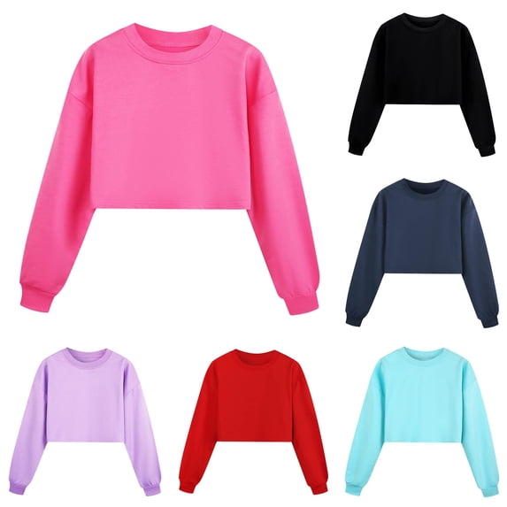 RMGVDSD Girls Sweatshirt Cropped Pullover Long Sleeve Crewneck Sweatshirts for For for Kids & Teens Solid Color Modest Casual Shirts 13-14 Years