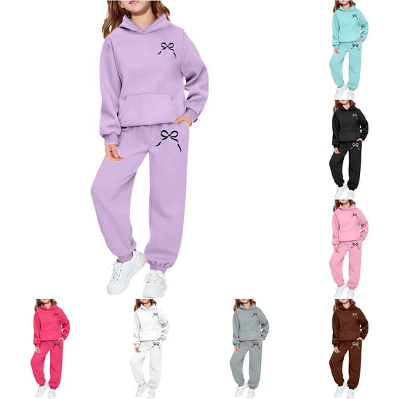 RMGVDSD Girls Sweatsuit 2 Piece Casual Bow Print Hoodie Sweatshirts and Jogger Pants Tracksuit Sets Fashion Fall Outfits Comfy Daily Wear 2-3 Years