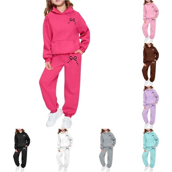 RMGVDSD Girls Sweatsuit 2 Piece Casual Bow Print Hoodie Sweatshirts and Jogger Pants Tracksuit Sets Fashion Fall Outfits Comfy Daily Wear 3-4 Years